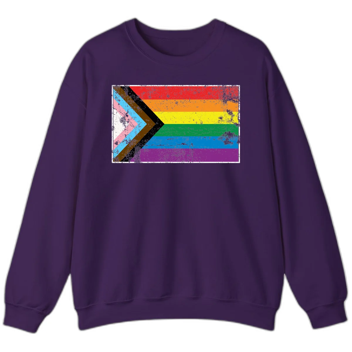 Progress pride intersectional flag with distressed texture featuring rainbow stripes and chevron design representing LGBTQ+ inclusion and equality in Purple