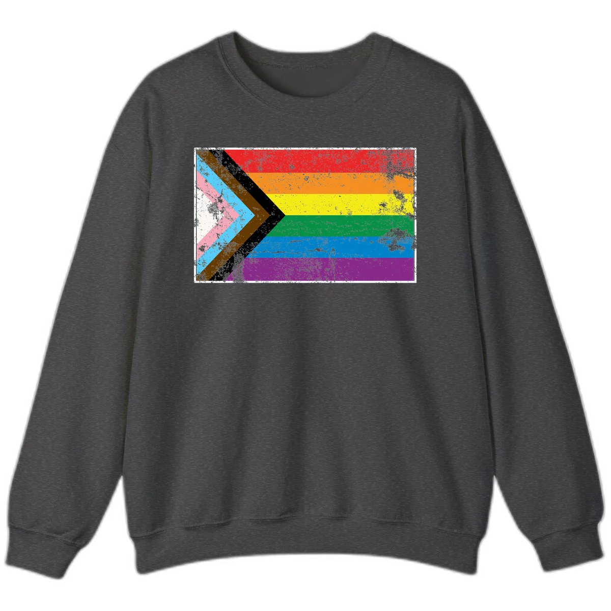 Progress pride intersectional flag with distressed texture featuring rainbow stripes and chevron design representing LGBTQ+ inclusion and equality in Dark Heather