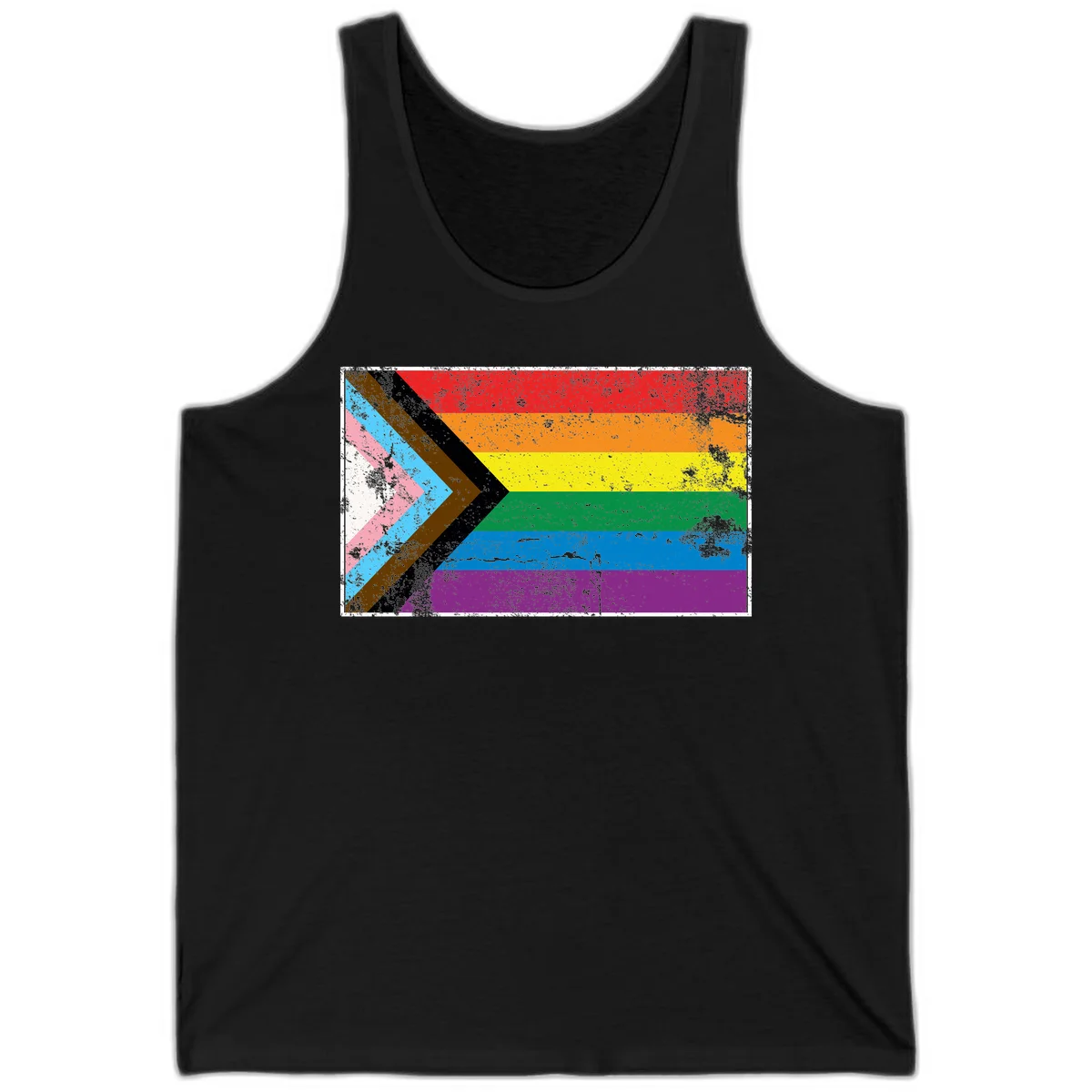 Progress pride intersectional flag with distressed texture featuring rainbow stripes and chevron design representing LGBTQ+ inclusion and equality in Black