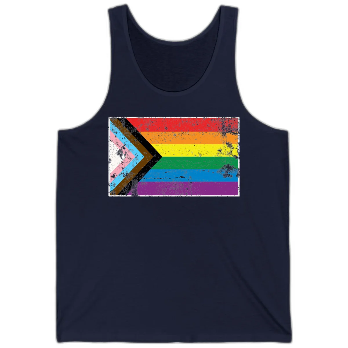 Progress pride intersectional flag with distressed texture featuring rainbow stripes and chevron design representing LGBTQ+ inclusion and equality in Navy
