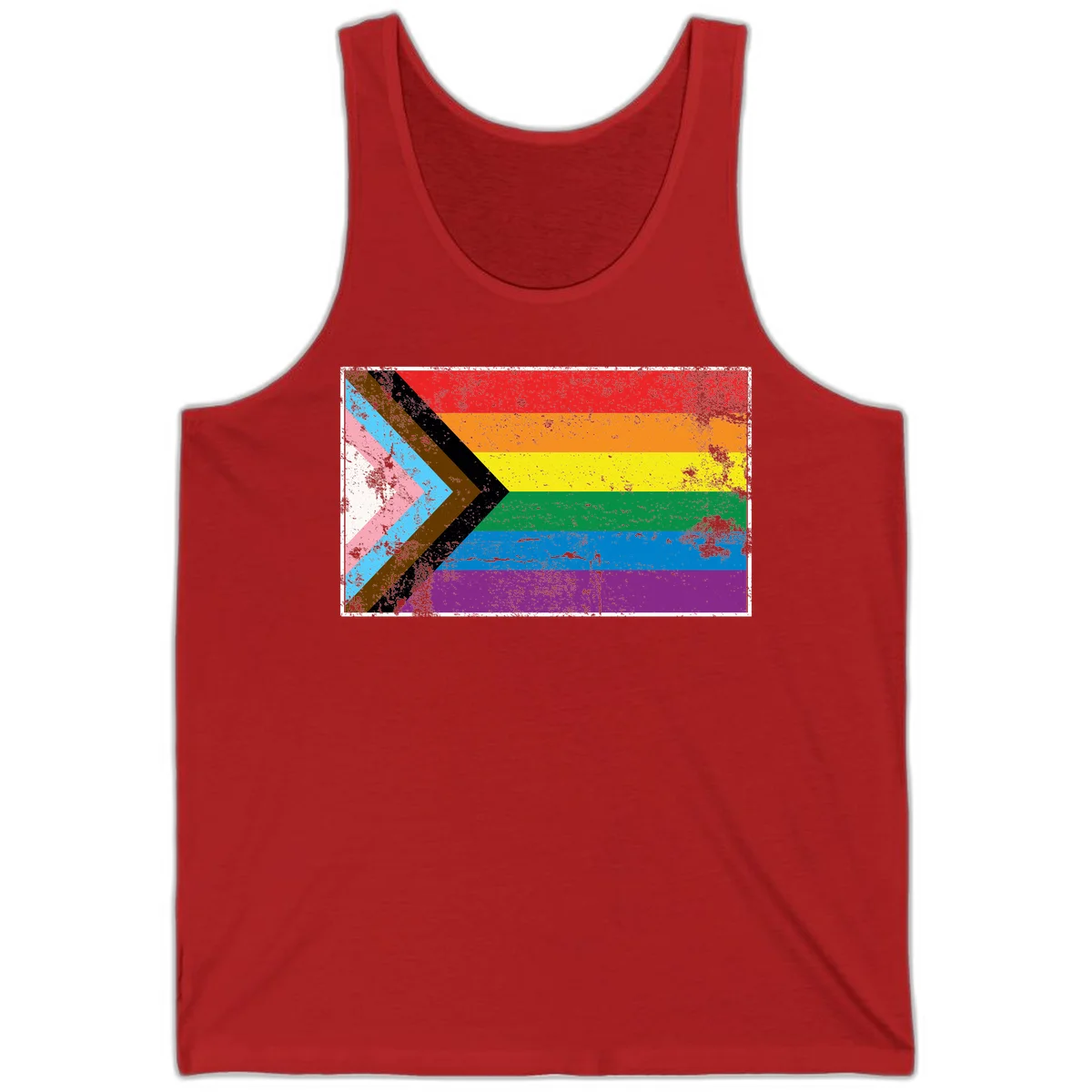 Progress pride intersectional flag with distressed texture featuring rainbow stripes and chevron design representing LGBTQ+ inclusion and equality in Red