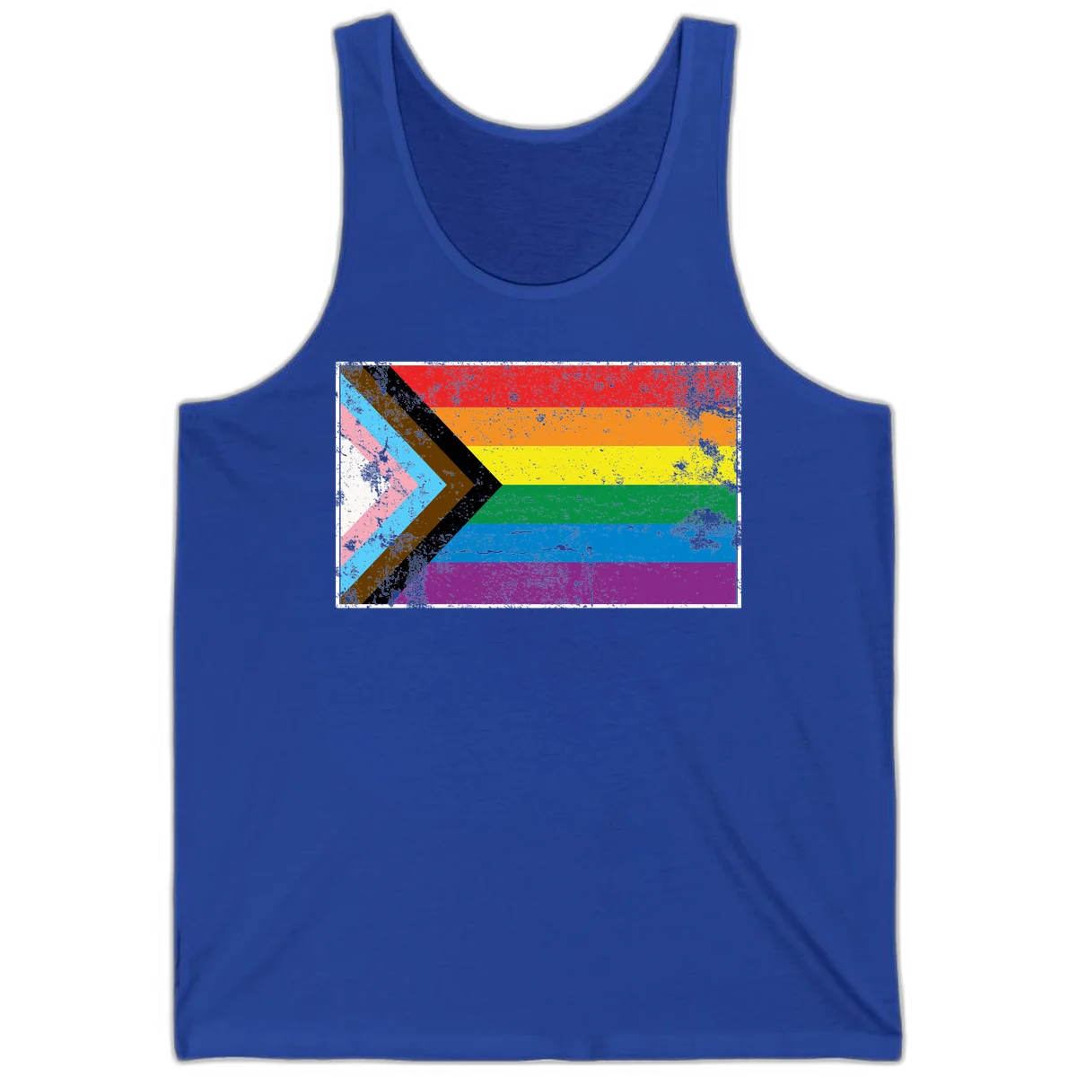 Progress pride intersectional flag with distressed texture featuring rainbow stripes and chevron design representing LGBTQ+ inclusion and equality in True Royal