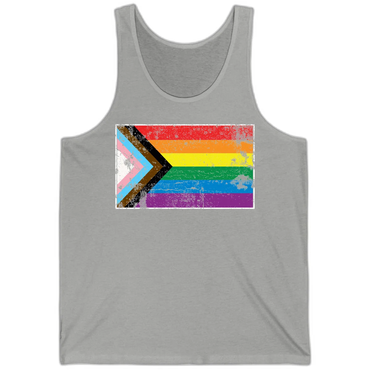 Progress pride intersectional flag with distressed texture featuring rainbow stripes and chevron design representing LGBTQ+ inclusion and equality in Athletic Heather