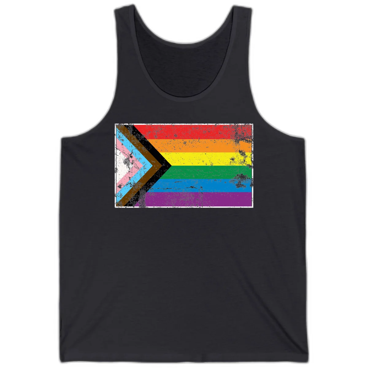 Progress pride intersectional flag with distressed texture featuring rainbow stripes and chevron design representing LGBTQ+ inclusion and equality in Dark Grey
