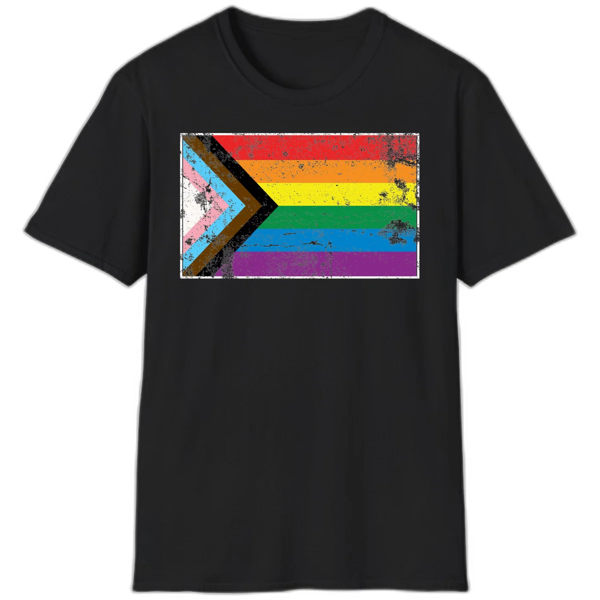 Progress pride intersectional flag with distressed texture featuring rainbow stripes and chevron design representing LGBTQ+ inclusion and equality in Black