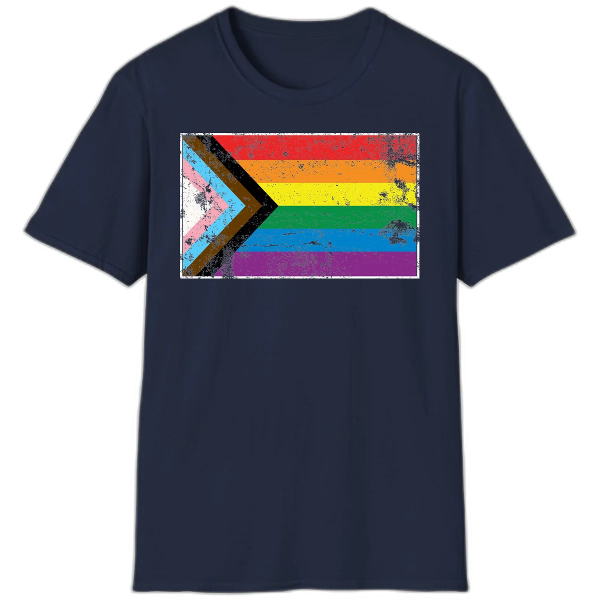 Progress pride intersectional flag with distressed texture featuring rainbow stripes and chevron design representing LGBTQ+ inclusion and equality in Navy