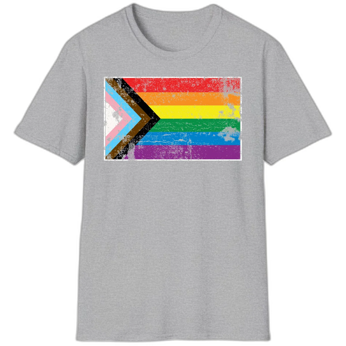 Progress pride intersectional flag with distressed texture featuring rainbow stripes and chevron design representing LGBTQ+ inclusion and equality in Sport Grey