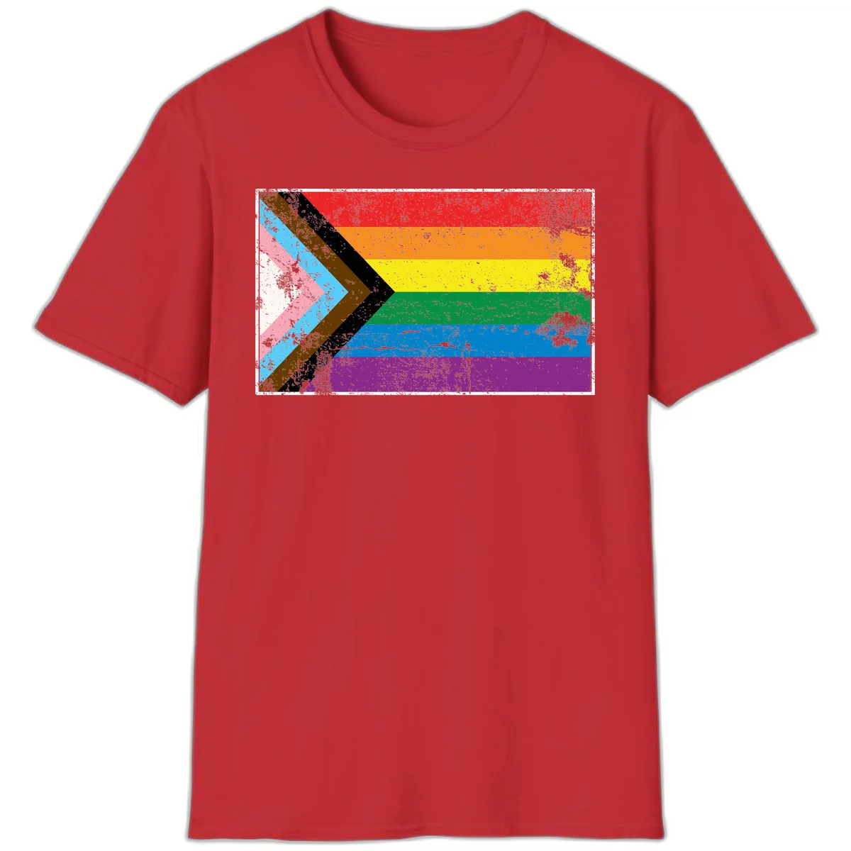 Progress pride intersectional flag with distressed texture featuring rainbow stripes and chevron design representing LGBTQ+ inclusion and equality in Red