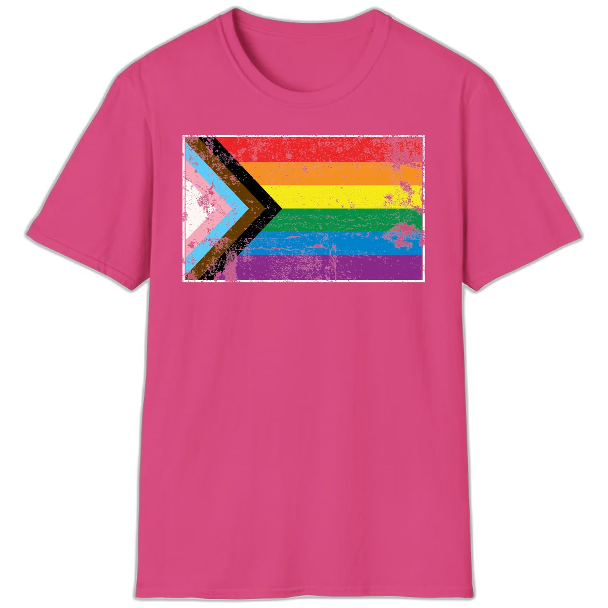 Progress pride intersectional flag with distressed texture featuring rainbow stripes and chevron design representing LGBTQ+ inclusion and equality in Heliconia