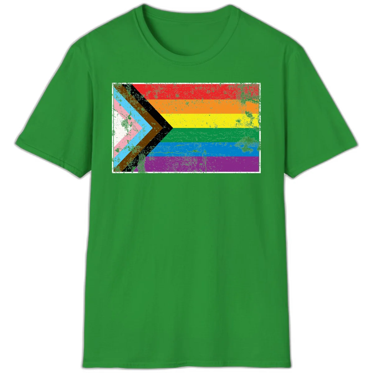 Progress pride intersectional flag with distressed texture featuring rainbow stripes and chevron design representing LGBTQ+ inclusion and equality in Irish Green