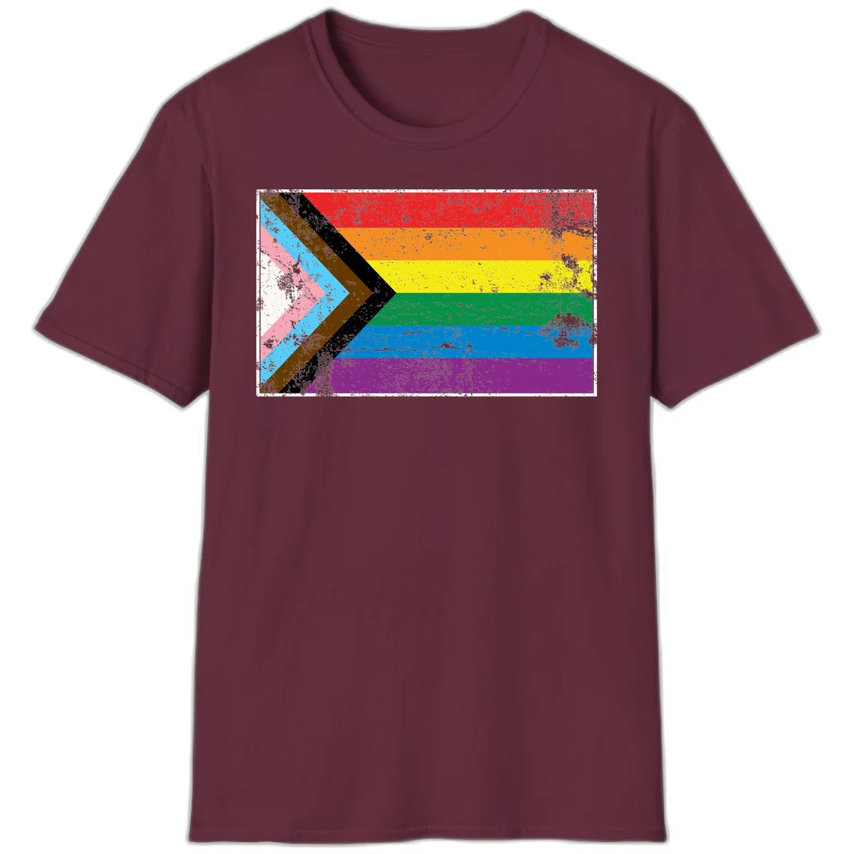 Progress pride intersectional flag with distressed texture featuring rainbow stripes and chevron design representing LGBTQ+ inclusion and equality in Maroon