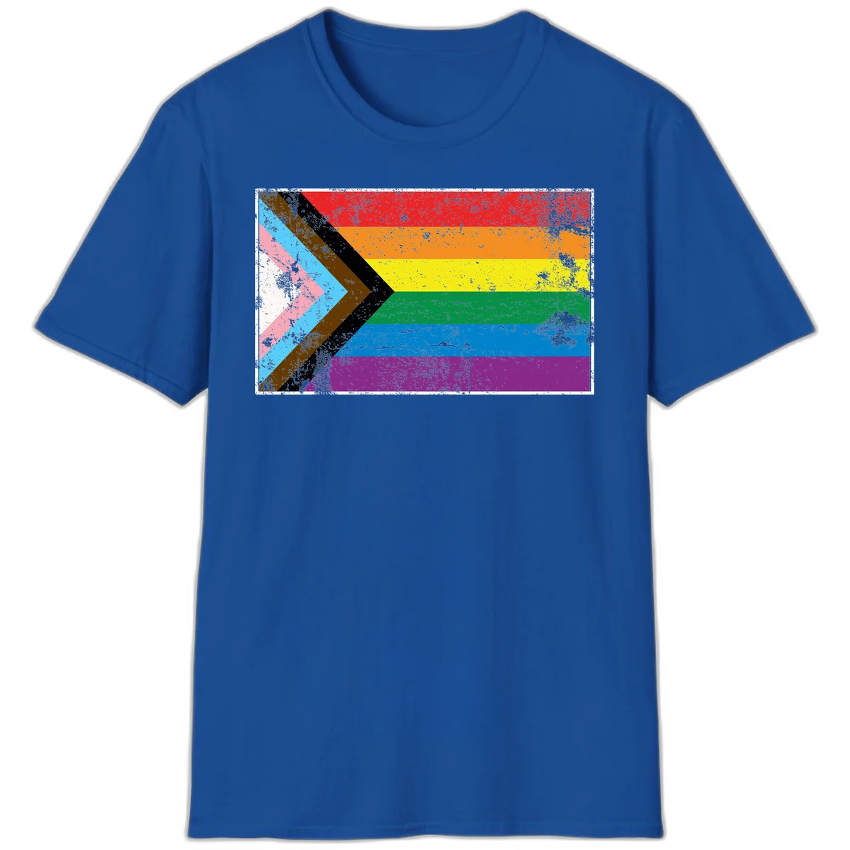 Progress pride intersectional flag with distressed texture featuring rainbow stripes and chevron design representing LGBTQ+ inclusion and equality in Royal