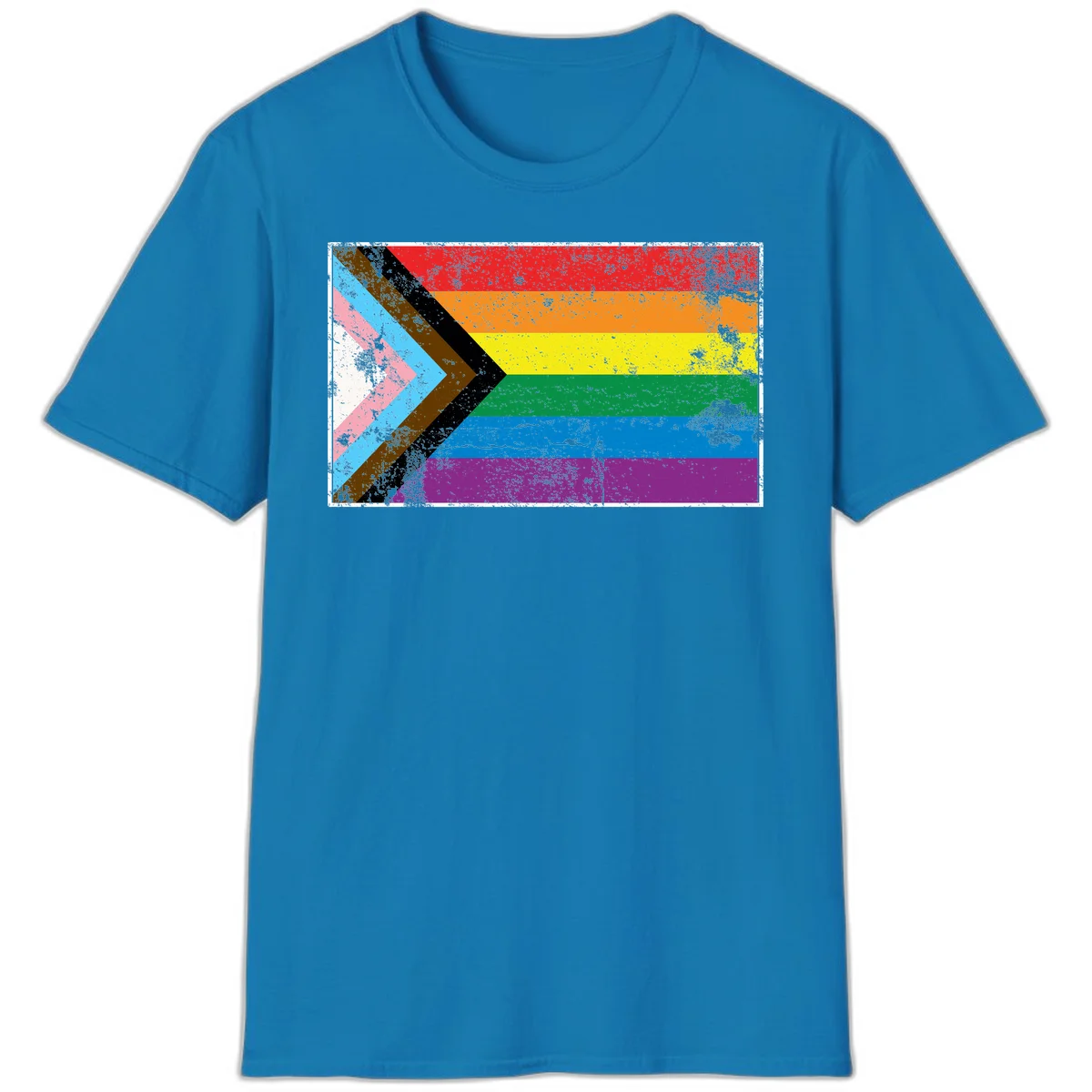 Progress pride intersectional flag with distressed texture featuring rainbow stripes and chevron design representing LGBTQ+ inclusion and equality in Sapphire