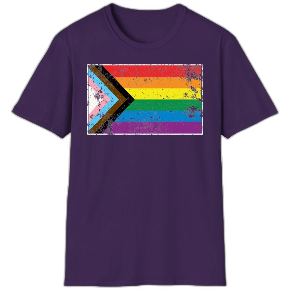 Progress pride intersectional flag with distressed texture featuring rainbow stripes and chevron design representing LGBTQ+ inclusion and equality in Purple