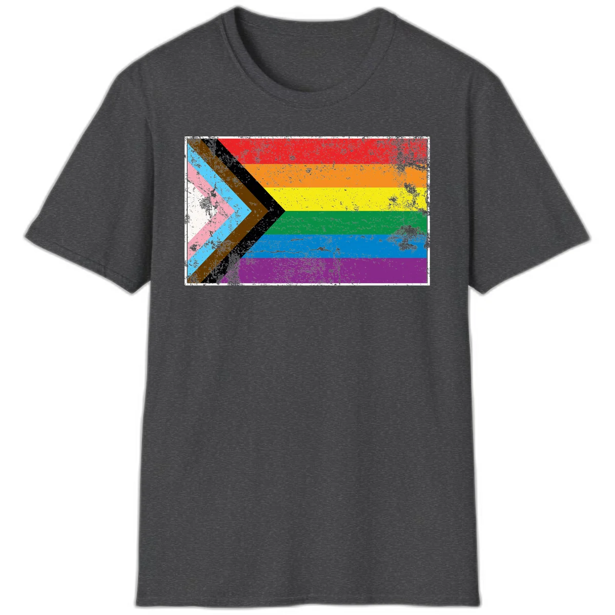 Progress pride intersectional flag with distressed texture featuring rainbow stripes and chevron design representing LGBTQ+ inclusion and equality in Dark Heather