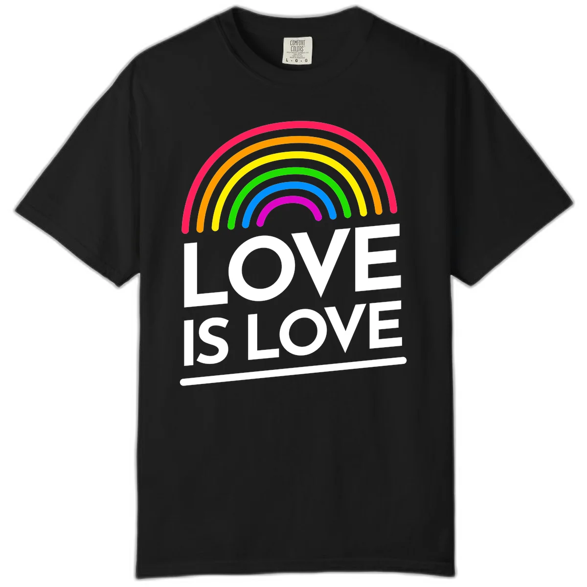 Love is love pride design with colorful rainbow arc and white text on gray background in Black