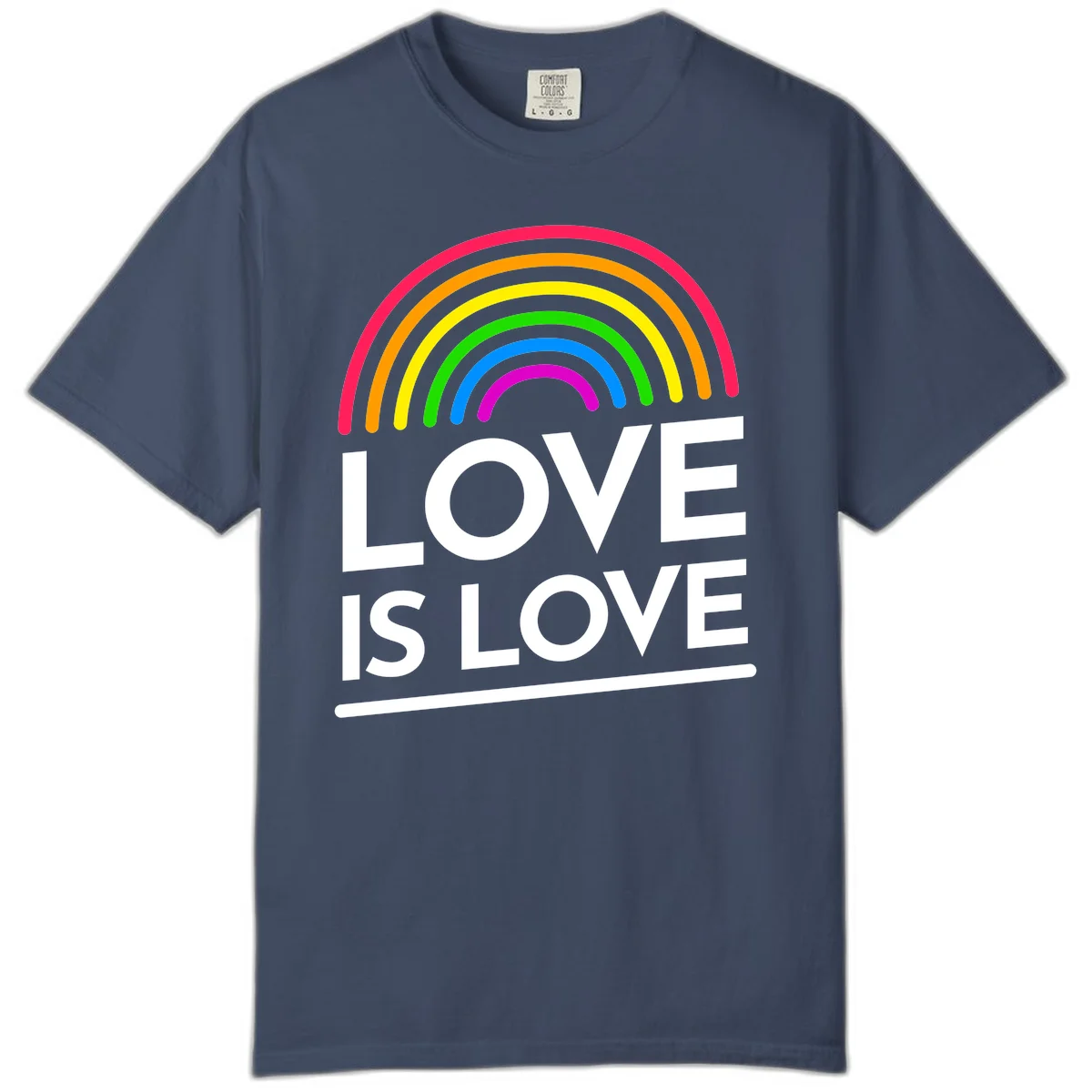Love is love pride design with colorful rainbow arc and white text on gray background in Midnight