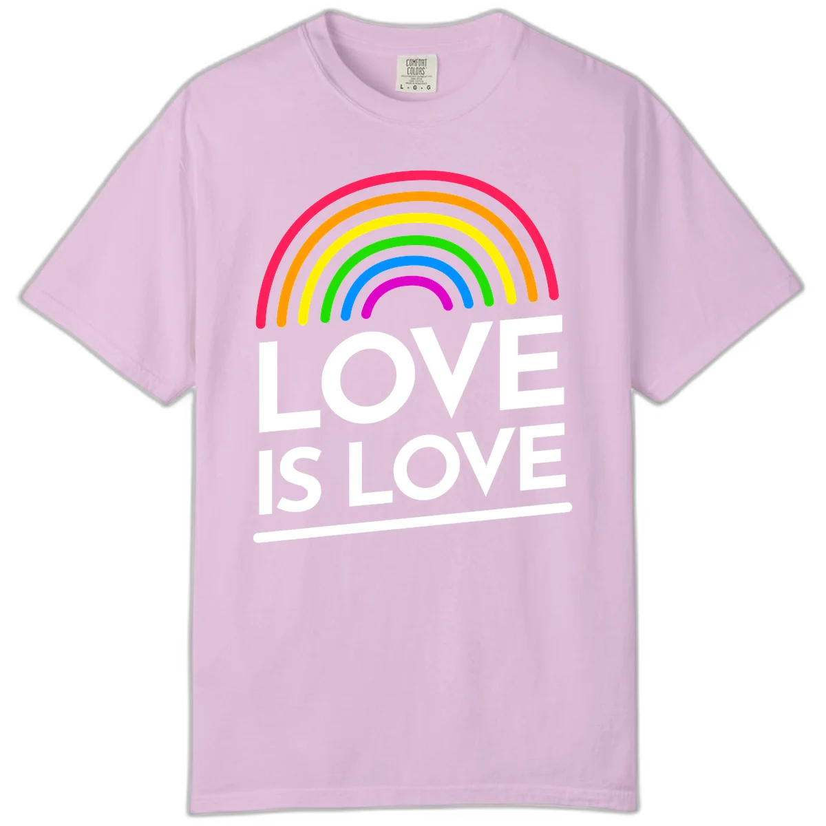 Love is love pride design with colorful rainbow arc and white text on gray background in Orchid