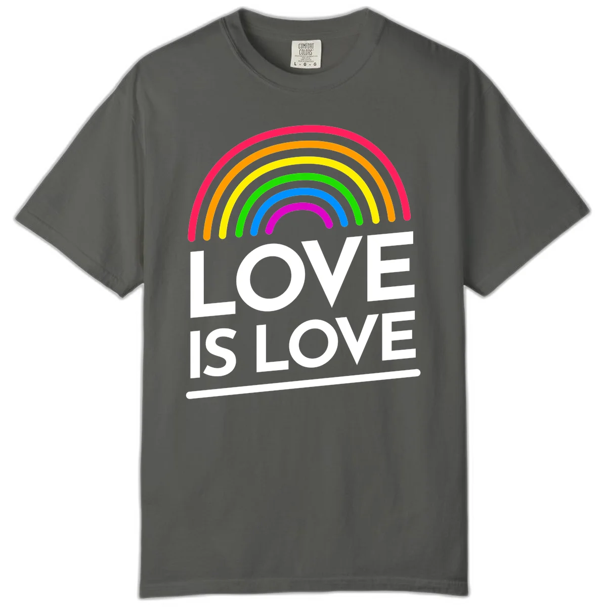 Love is love pride design with colorful rainbow arc and white text on gray background in Pepper