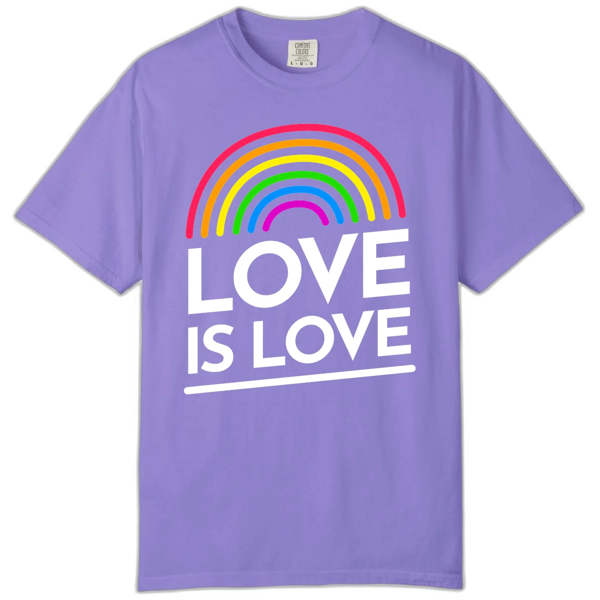 Love is love pride design with colorful rainbow arc and white text on gray background in Violet