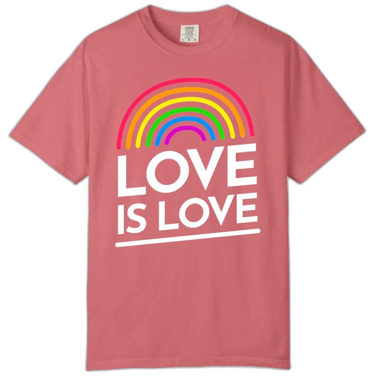 Love is love pride design with colorful rainbow arc and white text on gray background in Watermelon