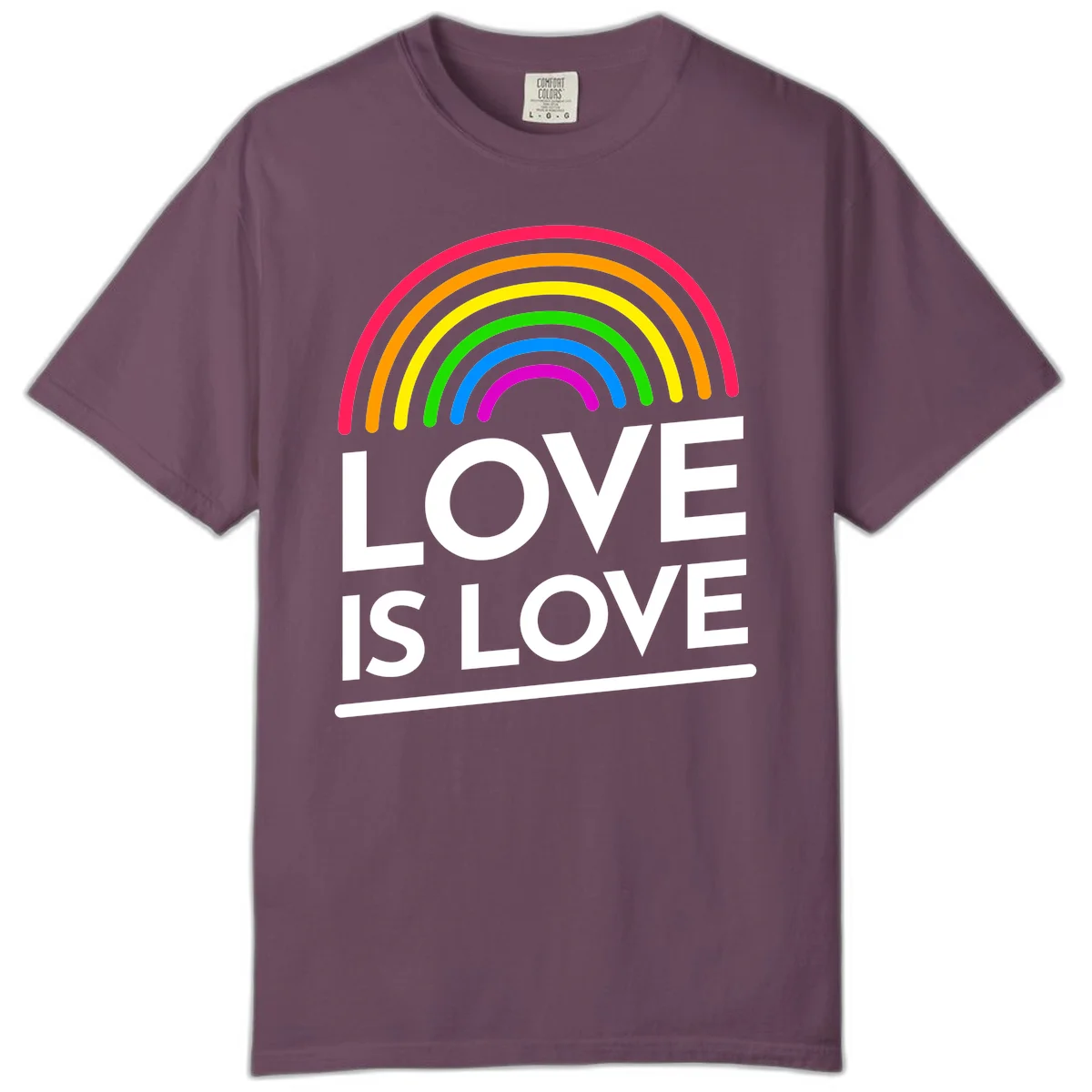 Love is love pride design with colorful rainbow arc and white text on gray background in Berry