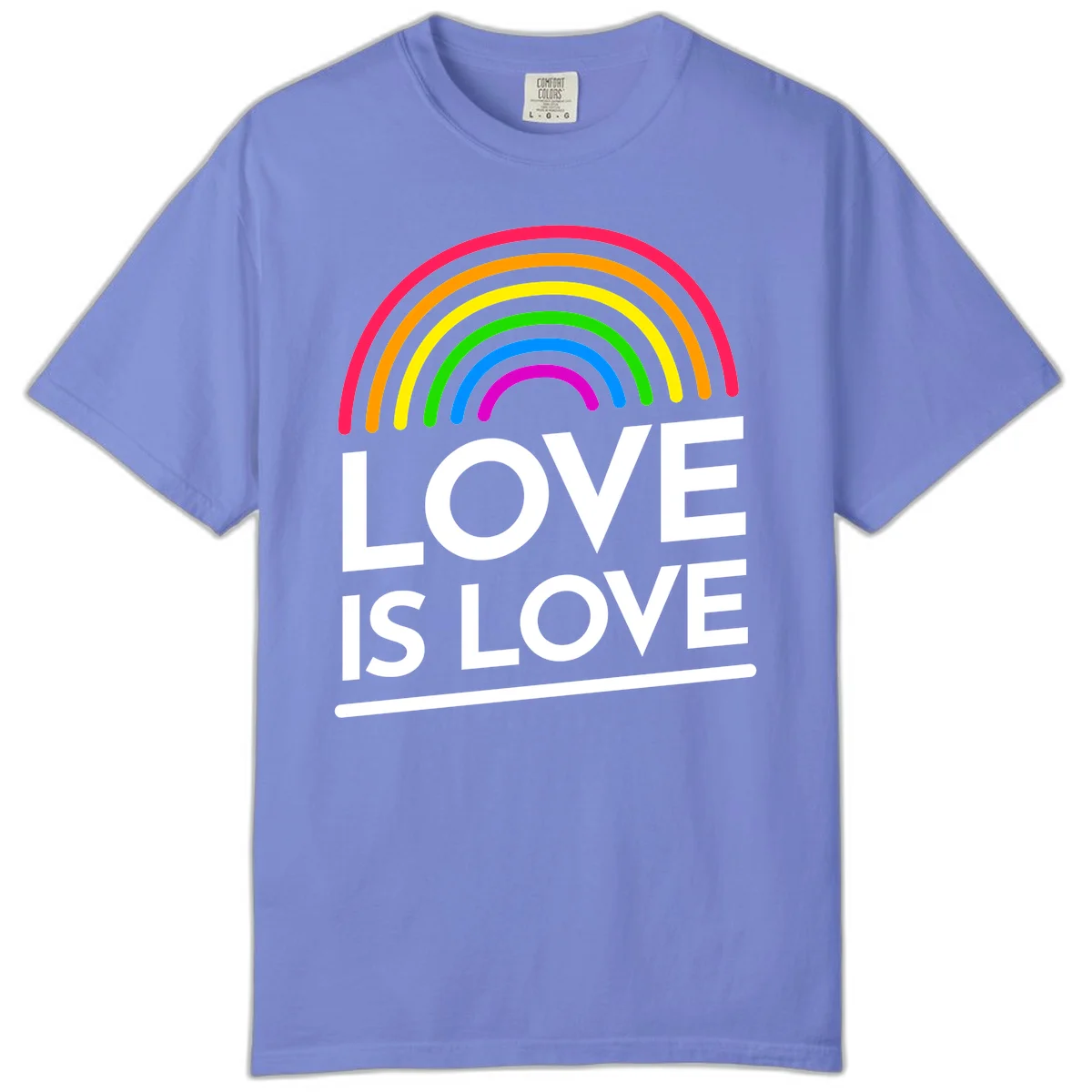 Love is love pride design with colorful rainbow arc and white text on gray background in Flo Blue