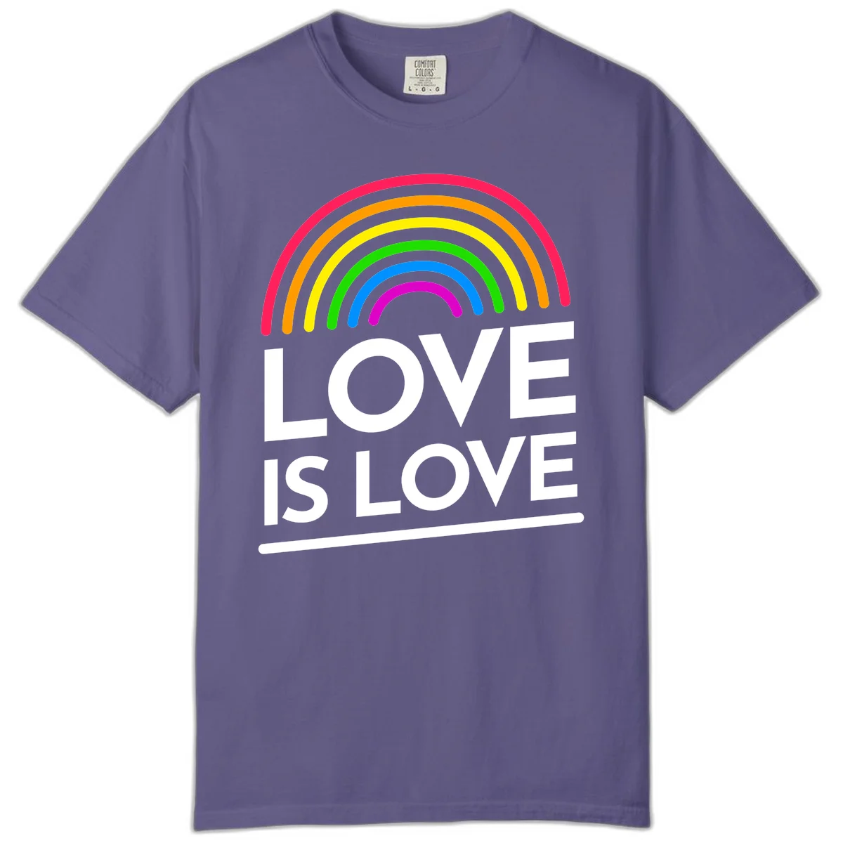 Love is love pride design with colorful rainbow arc and white text on gray background in Grape