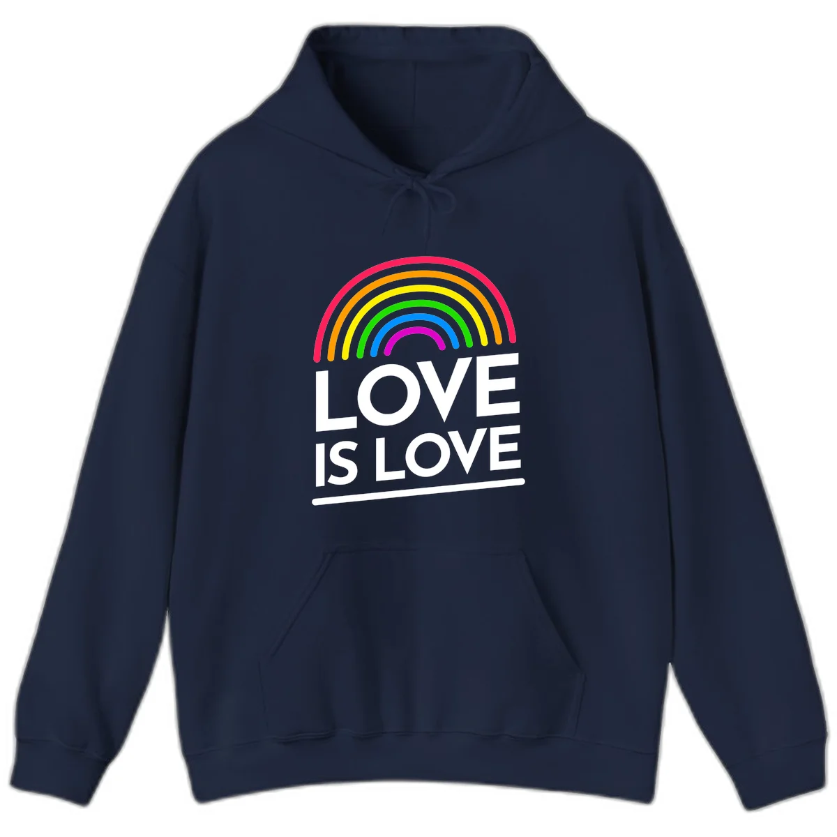 Love is love pride design with colorful rainbow arc and white text on gray background in Navy