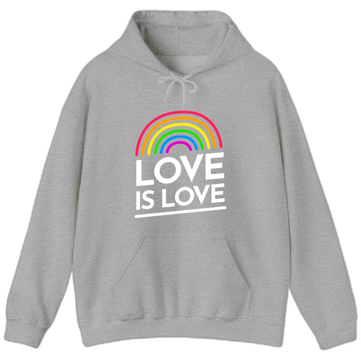 Love is love pride design with colorful rainbow arc and white text on gray background in Sport Grey