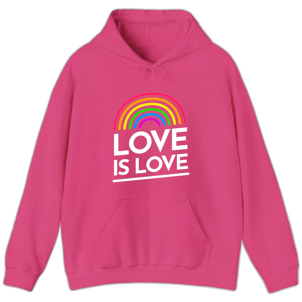 Love is love pride design with colorful rainbow arc and white text on gray background in Heliconia