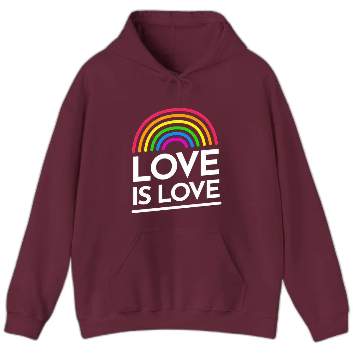 Love is love pride design with colorful rainbow arc and white text on gray background in Maroon