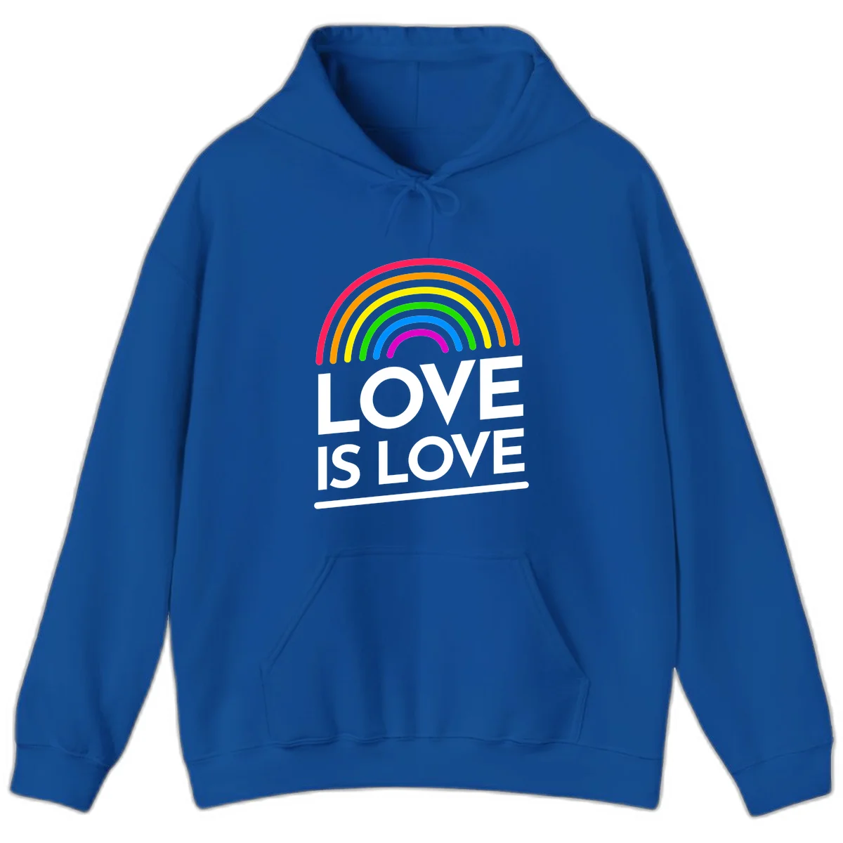 Love is love pride design with colorful rainbow arc and white text on gray background in Royal