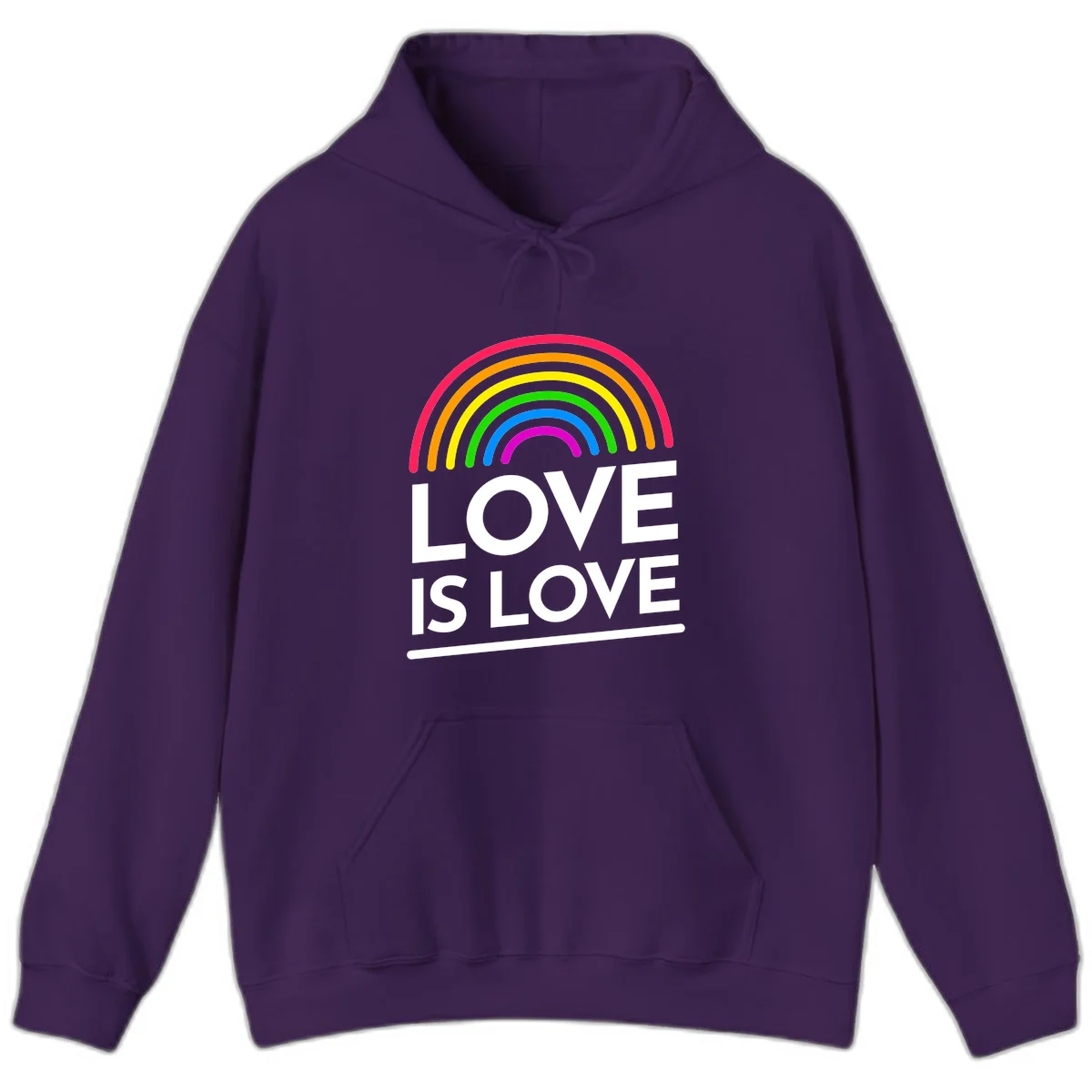 Love is love pride design with colorful rainbow arc and white text on gray background in Purple