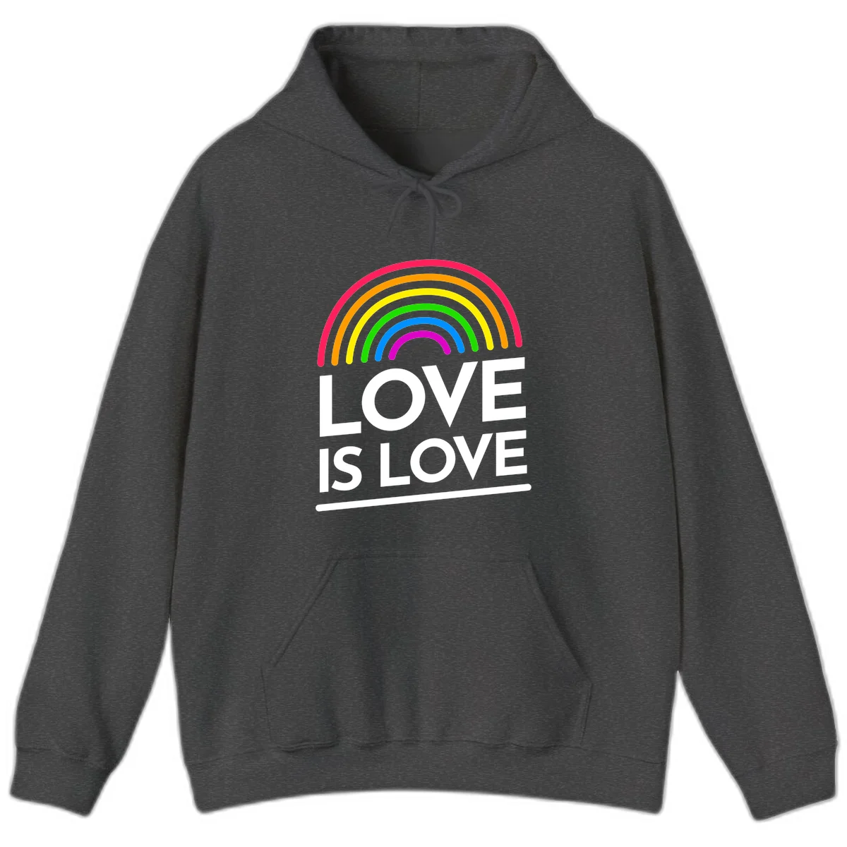 Love is love pride design with colorful rainbow arc and white text on gray background in Dark Heather