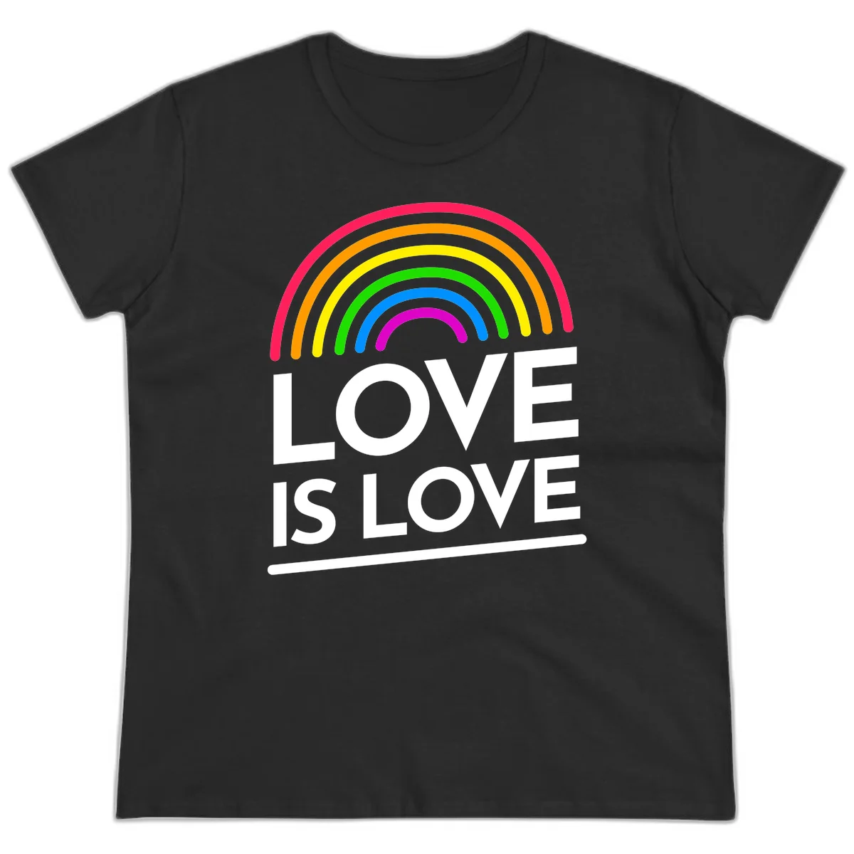 Love is love pride design with colorful rainbow arc and white text on gray background in Black