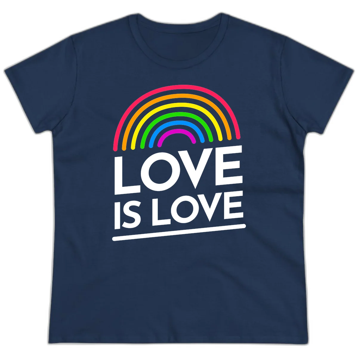 Love is love pride design with colorful rainbow arc and white text on gray background in Navy