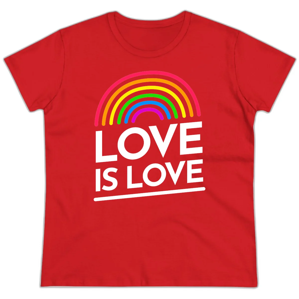 Love is love pride design with colorful rainbow arc and white text on gray background in Red