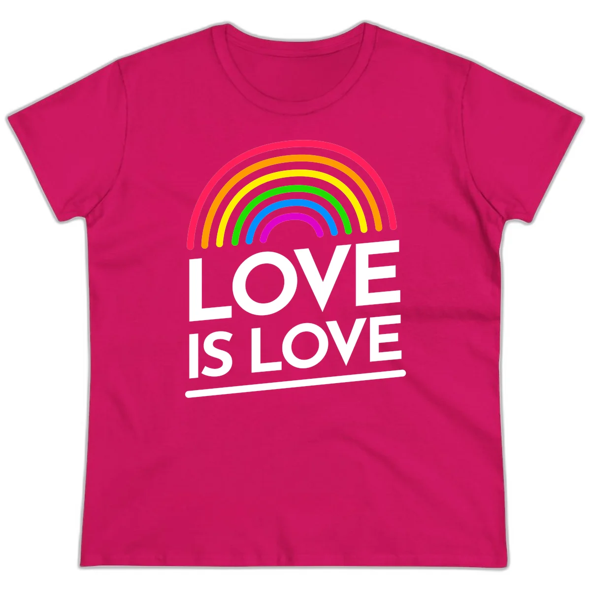 Love is love pride design with colorful rainbow arc and white text on gray background in Heliconia