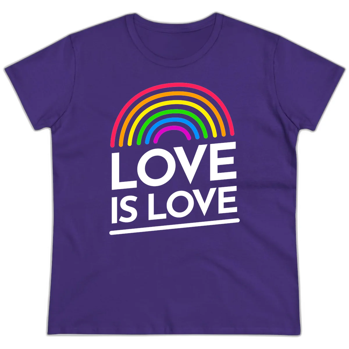 Love is love pride design with colorful rainbow arc and white text on gray background in Purple