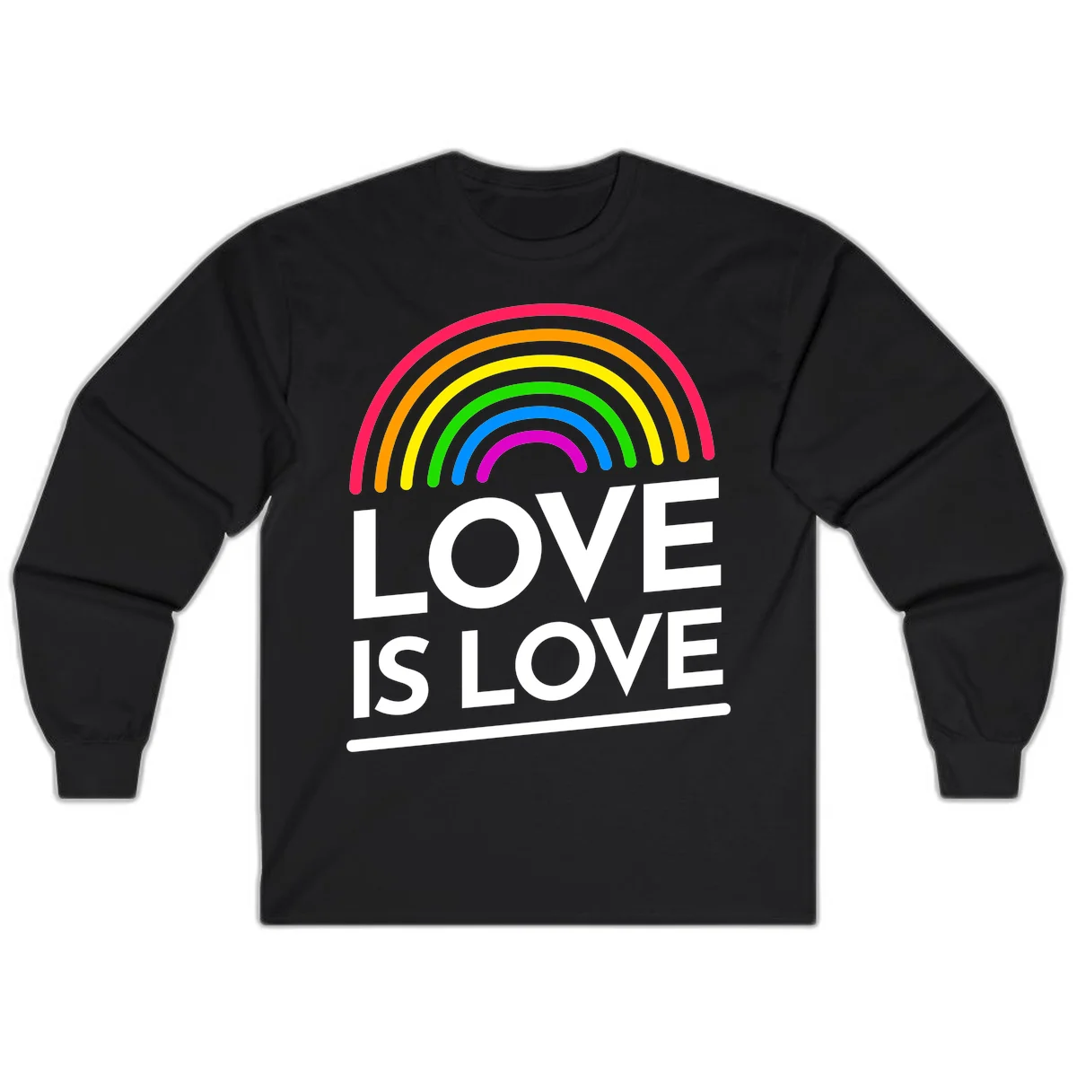 Love is love pride design with colorful rainbow arc and white text on gray background in Black