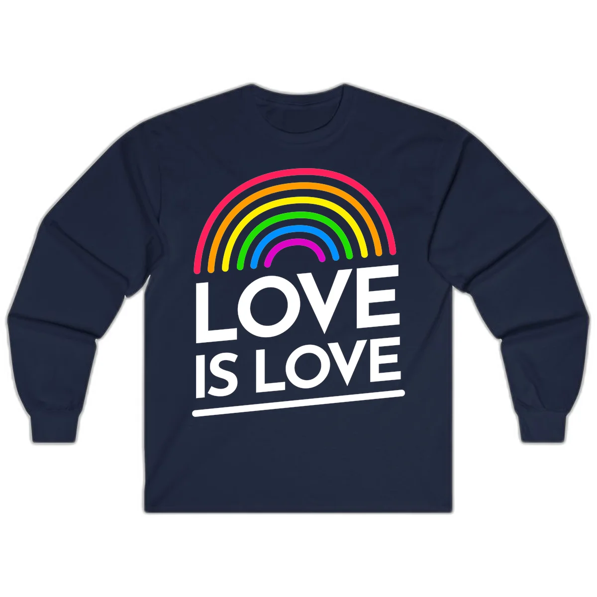 Love is love pride design with colorful rainbow arc and white text on gray background in Navy