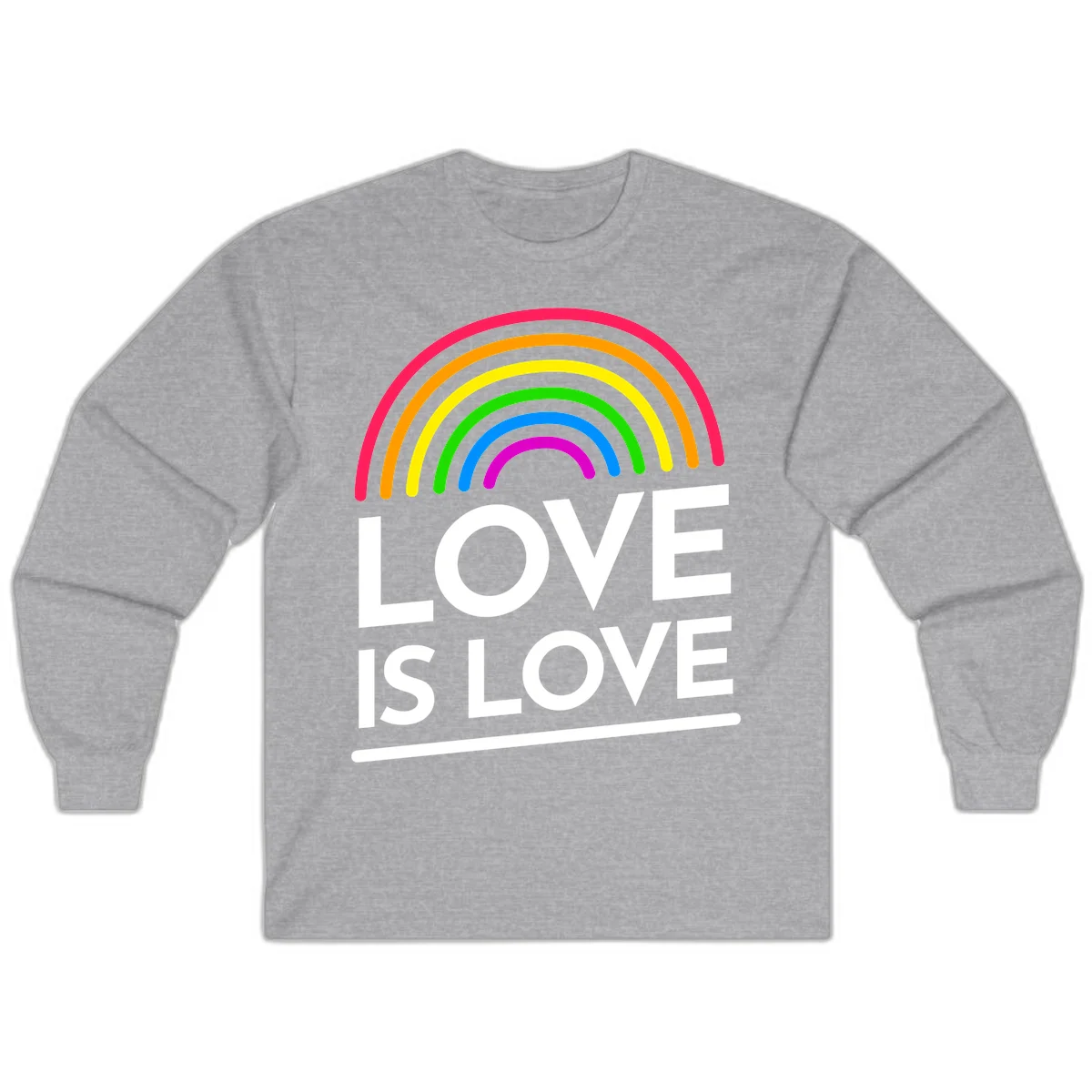 Love is love pride design with colorful rainbow arc and white text on gray background in Sport Grey