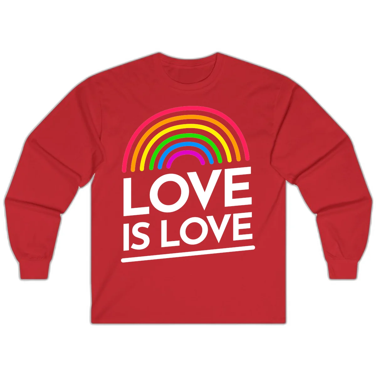 Love is love pride design with colorful rainbow arc and white text on gray background in Red