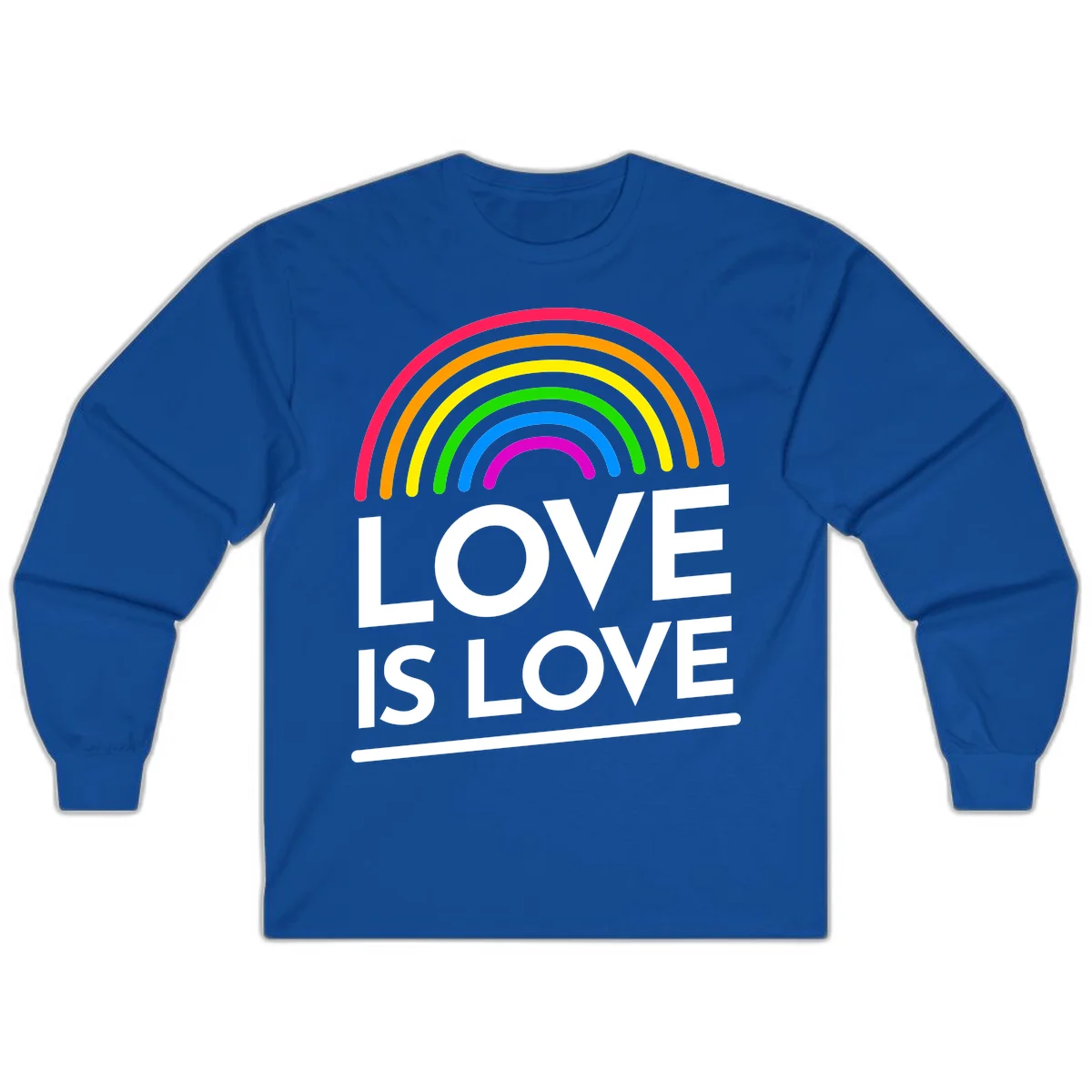 Love is love pride design with colorful rainbow arc and white text on gray background in Royal