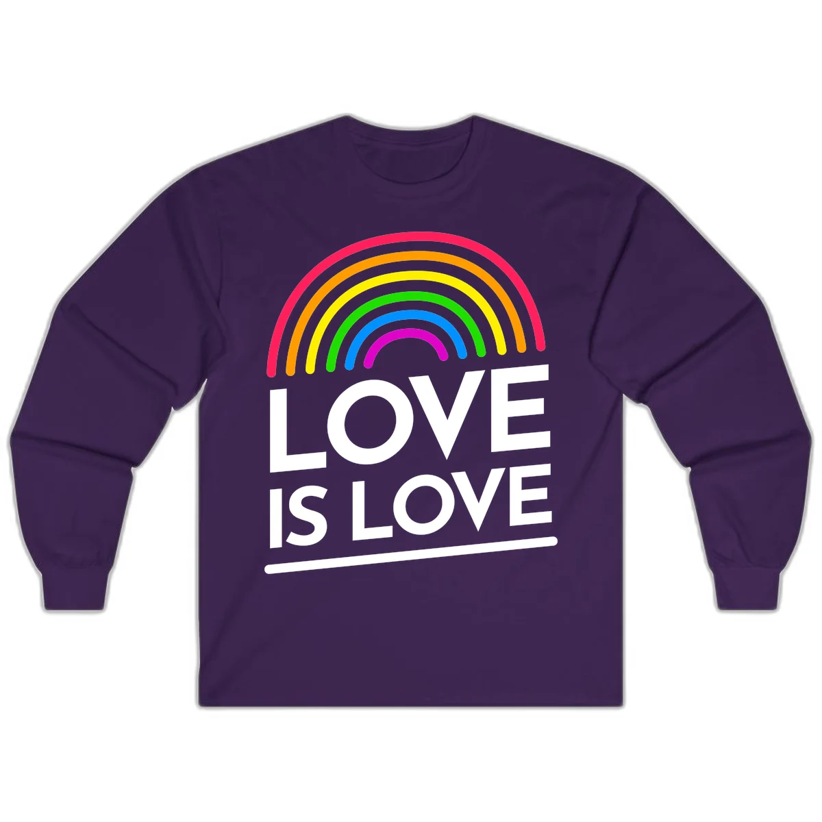 Love is love pride design with colorful rainbow arc and white text on gray background in Purple