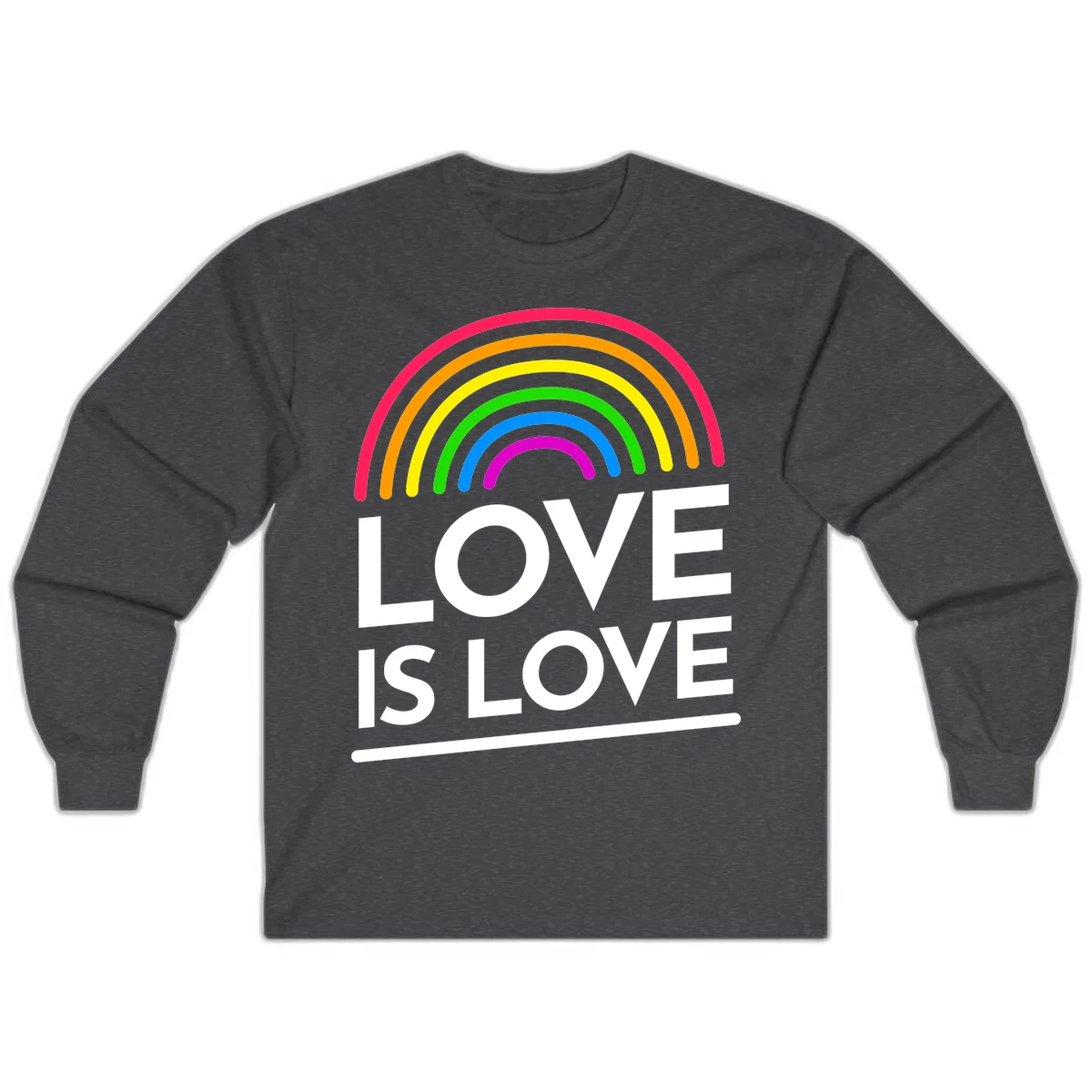 Love is love pride design with colorful rainbow arc and white text on gray background in Dark Heather