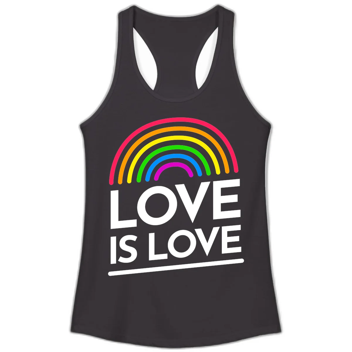Love is love pride design with colorful rainbow arc and white text on gray background in Black