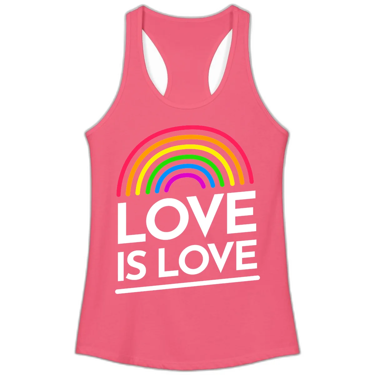 Love is love pride design with colorful rainbow arc and white text on gray background in Hot Pink