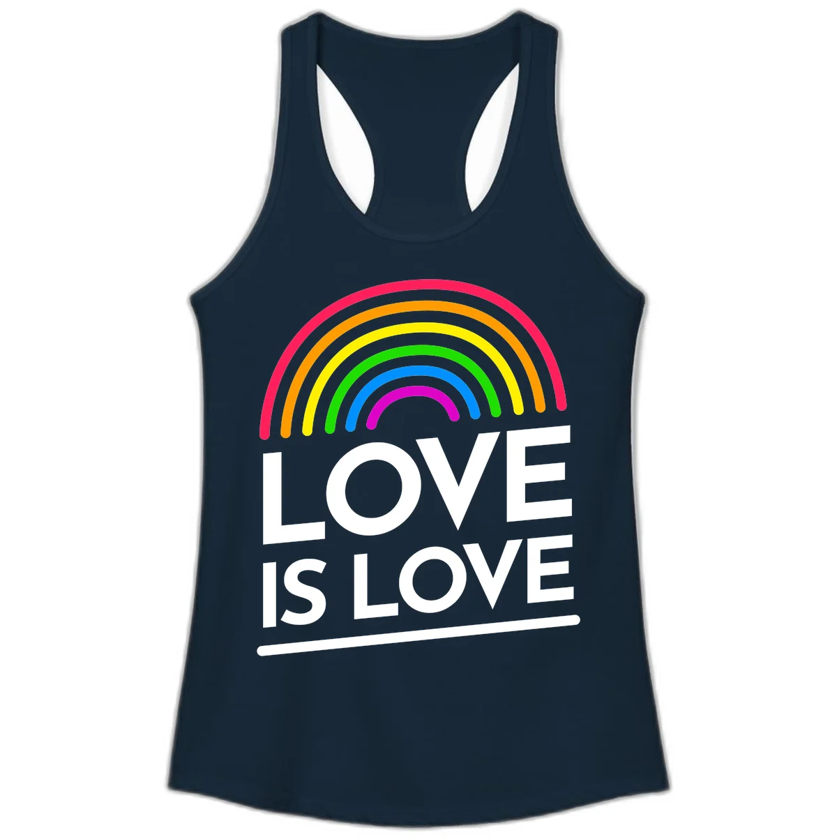 Love is love pride design with colorful rainbow arc and white text on gray background in Solid Midnight Navy